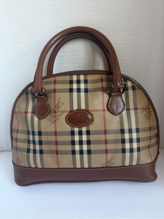 Burberry Handbags - Burberry Beige Plaid Dome Satchel with Brown Leather Trim